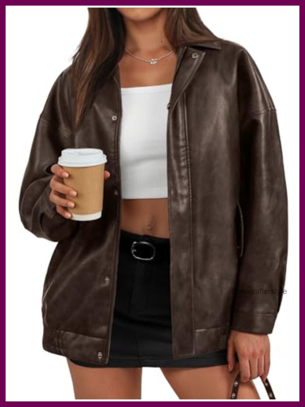 Oversized Faux Leather Bomber Jacket Textured Zip Coat